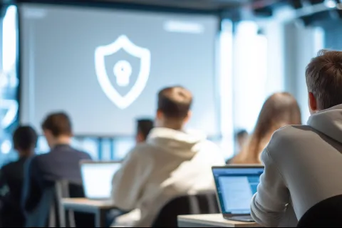 Students attending a cybersecurity class with shield and key icon projected on screen in a modern classroom.