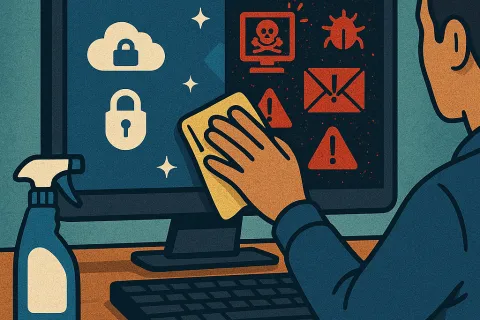 Person cleaning a computer screen showing virus warnings and security icons with a cloth and spray bottle.