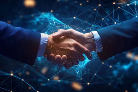 Two business professionals shaking hands with digital network connections overlay, symbolizing partnership and technology.