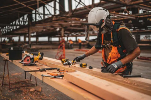 Construction worker wearing safety gear measuring wood on a table with tools in an industrial warehouse.