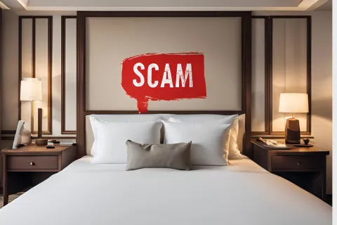 a bed with a red sign on the wall