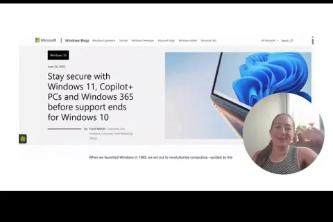 Windows blog page announcing security update for Windows 11, Copilot+, PCs, and Windows 365 before Windows 10 support ends.
