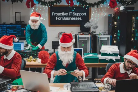 a group of men wearing santa hats