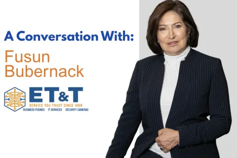 Professional portrait of Fusun Bubernack alongside ET&T company logo and conversation text.
