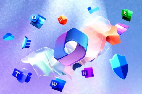 3D icons of Microsoft Office apps floating around the Microsoft 365 logo on a soft blue background