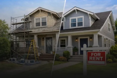 Split image showing house before renovation with scaffolding and after with fresh paint and 'For Rent' sign.