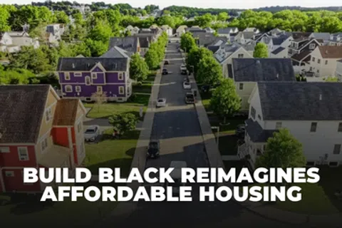 Suburban neighborhood street with colorful houses and greenery, overlaid with text about affordable housing.