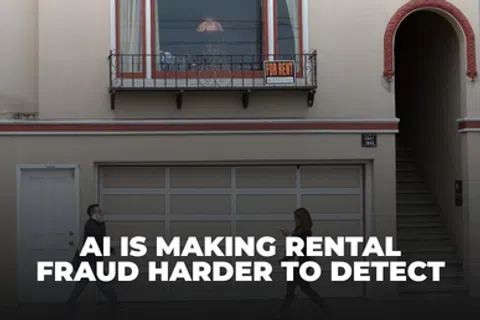 Two people walk in front of a building with a 'For Rent' sign and text about AI complicating rental fraud detection.