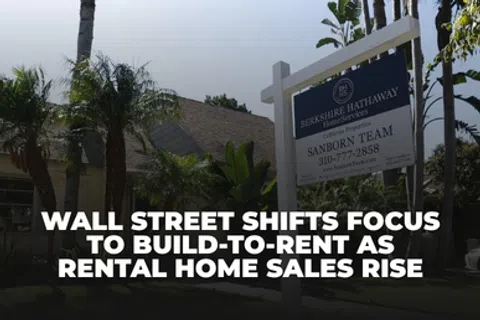 For sale sign in front of a residential house with palm trees and headline about rising rental home sales and build-to-rent focus.