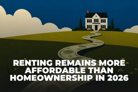 Illustration of a house on a hill with a winding path and text about renting affordability in 2026.