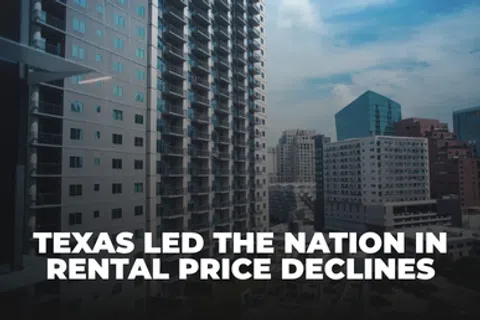 Apartment buildings in a city with text about Texas leading in rental price declines.