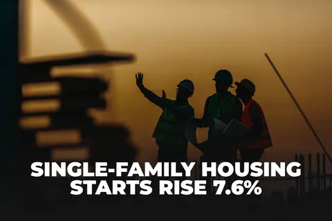 Silhouettes of construction workers at a building site during sunset with text about single-family housing increase.