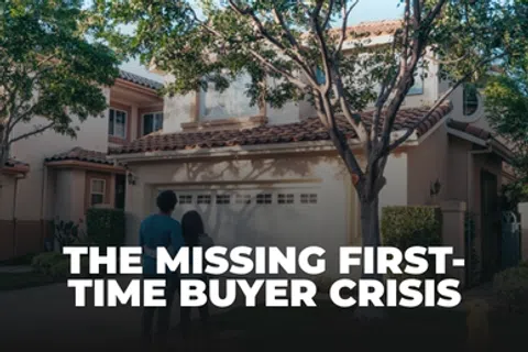 Couple standing outside suburban house with text about first-time homebuyer crisis overlayed.