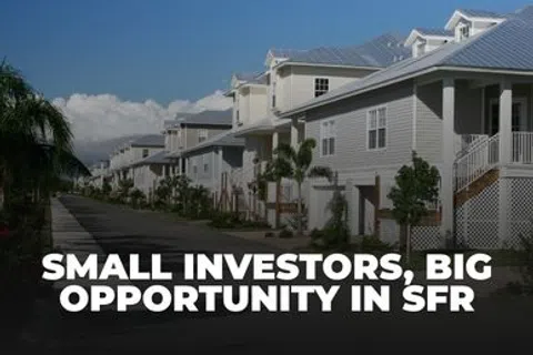 Row of modern single-family homes on a sunny day with text about investment opportunities in SFR.