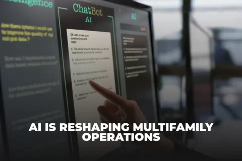 Person pointing at a touchscreen displaying ChatBot AI interface and text about AI reshaping multifamily operations.