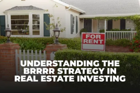 Suburban house with a For Rent sign and text about BRRRR real estate investing strategy.