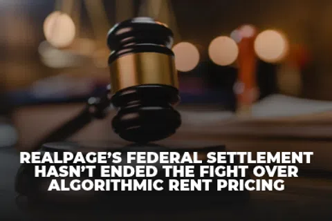 Judge's gavel with blurred courtroom background and text about RealPage's federal settlement and rent pricing dispute.