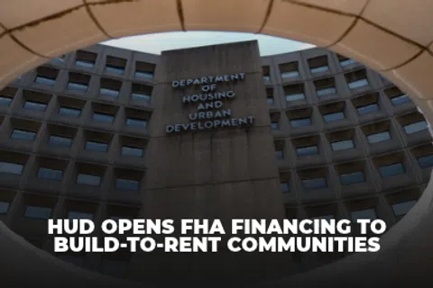 View of Department of Housing and Urban Development building with overlaid text about FHA financing announcement.