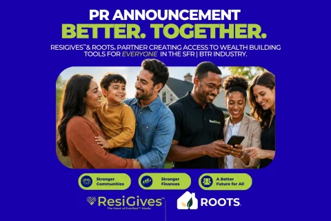 Diverse group of smiling people interacting outdoors promoting ResiGives and Roots partnership for wealth building.