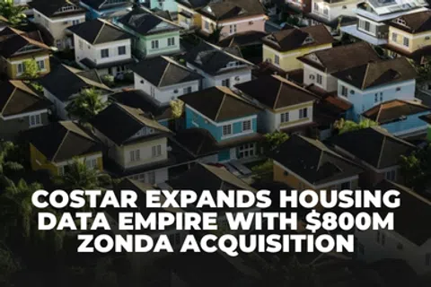 Aerial view of suburban houses with text about Costar's $800M Zonda acquisition in housing data sector.