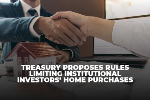 Two people shaking hands over a desk with a small house model, with overlaid text about Treasury rules on home purchases.