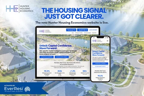Aerial view of suburban neighborhood with overlaid text promoting Hunter Housing Economics website and mobile screens.