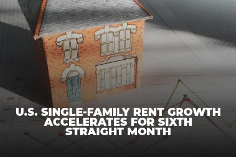Small model house on financial charts with overlaid text about US single-family rent growth accelerating for six months.