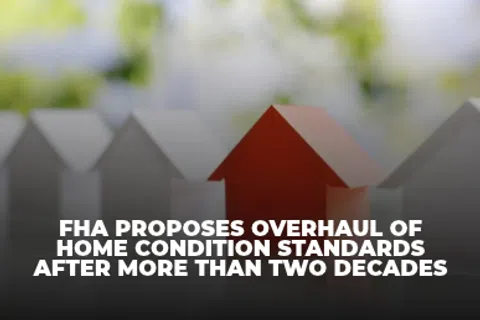 Red paper house model standing out among gray houses with FHA home condition standards headline.