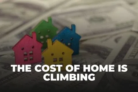 Colorful house models on dollar bills with text about rising home costs