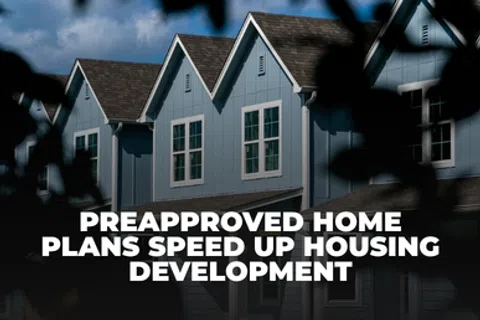 Blue townhouses with steep roofs and white windows under a cloudy sky with housing development text overlay.