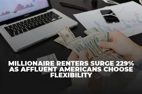 Person counting US dollar bills by laptop with overlaid text about millionaire renters surge statistics.