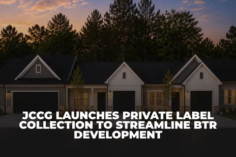 Modern suburban houses at dusk with overlaid text announcing JCCG's private label collection launch.