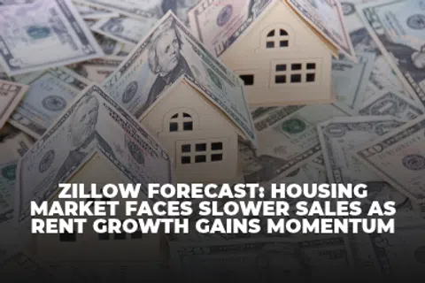 Miniature house models made with folded dollar bills over scattered cash with overlaid text about Zillow housing market forecast.