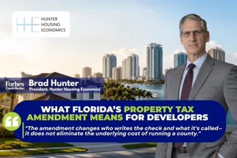 Brad Hunter explains Florida's property tax amendment impact on developers with cityscape background and logo.