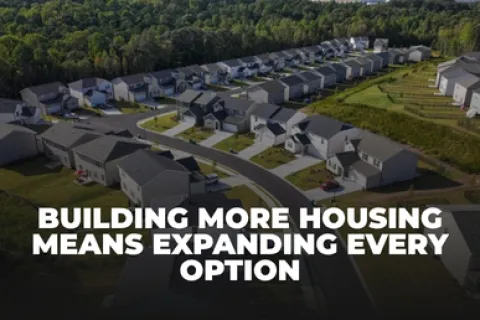 Aerial view of suburban neighborhood with rows of houses and tree-lined background with housing expansion text.