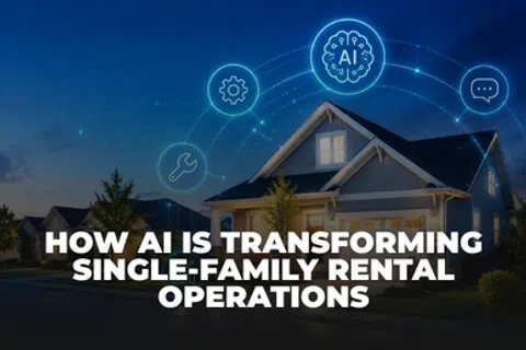 Suburban house at dusk with icons representing AI transforming single-family rental operations.