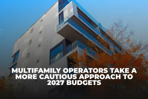 Modern multifamily apartment building with overlaid text about cautious 2027 budget approaches.