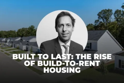 Portrait of a man over suburban build-to-rent housing with text about the rise of rental homes.