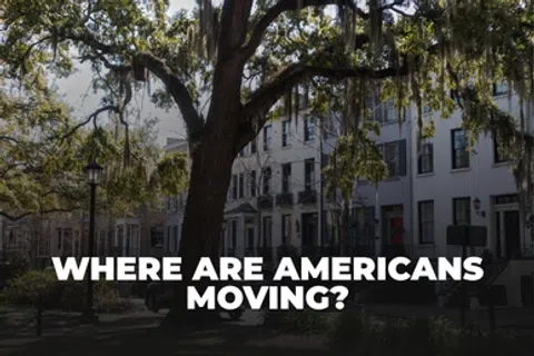 Large tree in front of residential buildings with text asking where Americans are moving.