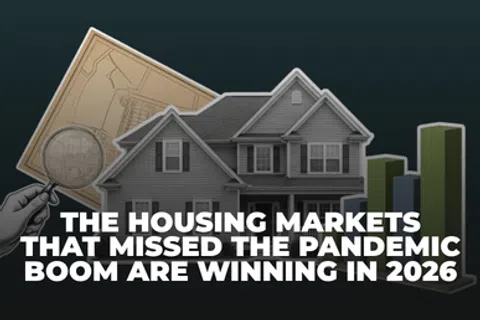 Illustration of a house with charts and a magnifying glass highlighting housing markets winning in 2026 after missing pandemic boom.
