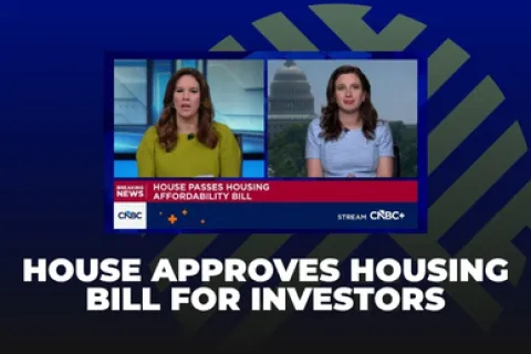 News broadcast showing two women discussing the House passing a housing affordability bill for investors.