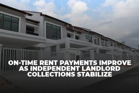 Row of modern townhouses with overlaid text about rent payments and landlord collections.