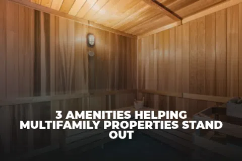 Wood-paneled sauna interior with bench seating, featuring overlaid text about multifamily property amenities.