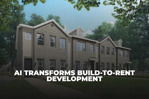 Modern row of brick townhouse apartments with green trees and clear sky, showing build-to-rent residential development.