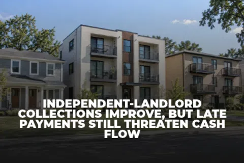Modern apartment buildings with text about landlord collections and late payment challenges in cash flow.