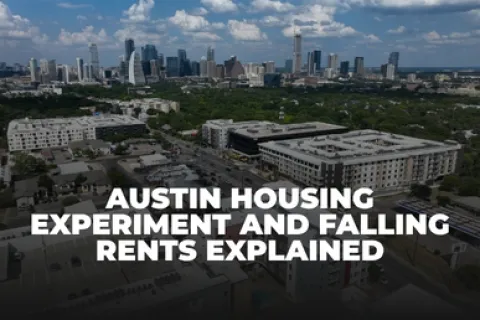 Austin city skyline with mid-rise housing and text about housing experiment and falling rents.