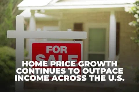 Home for sale sign with text about home price growth outpacing income in the U.S.