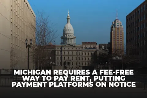 Michigan state building with text about fee-free rent payment platform requirement.