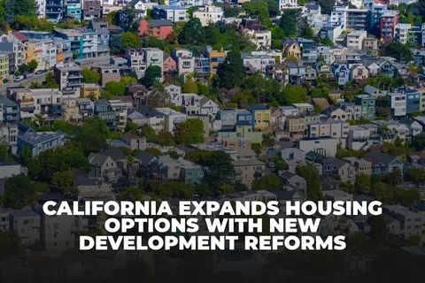 A dense neighborhood in California with diverse houses surrounded by greenery and urban development.