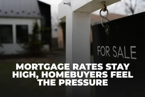 For sale sign in front of a house with text about high mortgage rates pressuring homebuyers